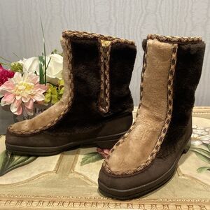 Vintage 1960s Snowland Faux Fur Boots Side Zip Brown Tan Made in USA Sz 8